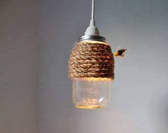 The Hive Mason Jar Pendant Lamp, Hanging Lighting Fixture With A Rope Wrapped Quart Jar, Rustic Handcrafted BootsNGus Lights & Home Decor