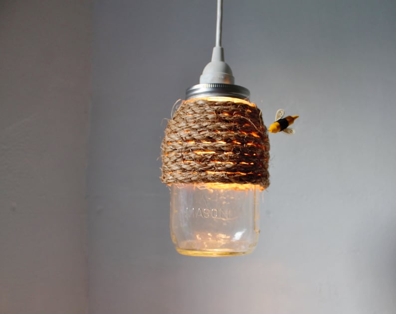 The Hive Mason Jar Pendant Lamp, Hanging Lighting Fixture With A Rope Wrapped Quart Jar, Rustic Handcrafted BootsNGus Lights & Home Decor image 1