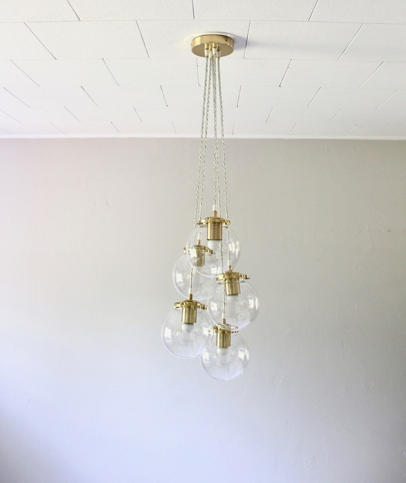 Globe Chandelier Lighting Fixture Five Clear Glass Bubble Clustered Pendant Lights Brass Finish Mid Century Modern Lamps & Home Decor image 9