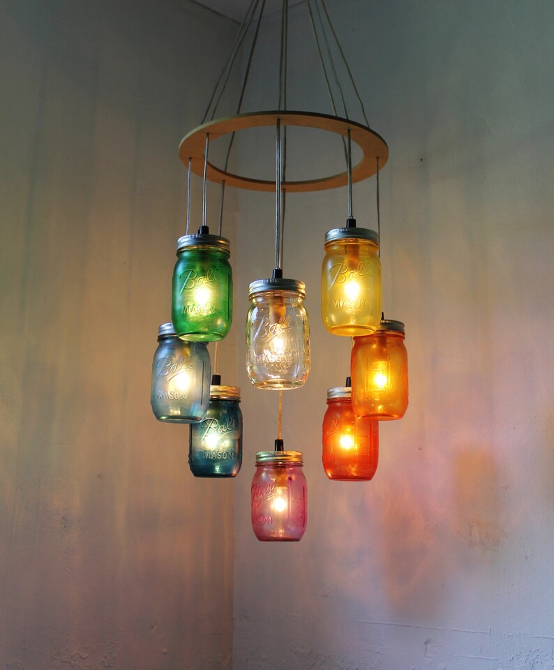 Rainbow Heart-Shaped Mason Jar Chandelier, Rustic Hanging Ceiling Mount Pendant Lighting Fixture by BootsNGus, Bulbs Included, Free Shipping image 4