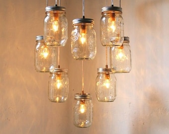 Heart Shaped Mason Jar Chandelier - Romantic Country Wedding Hanging Lighting Fixture - Rustic Modern Industrial BootsNGus Lamp Design