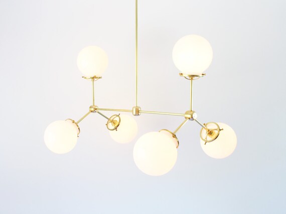 Lustre En Laiton Moderne 6 Globes En Verre Blanc Grandes Etsy