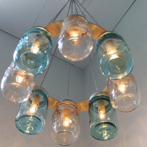 Mason Jar Chandelier, Beach House Mason Jar Lighting Fixture, Blue and Clear Jars, Hanging Pendant Light, BootsNGus Lighting, Bulbs Included image 4