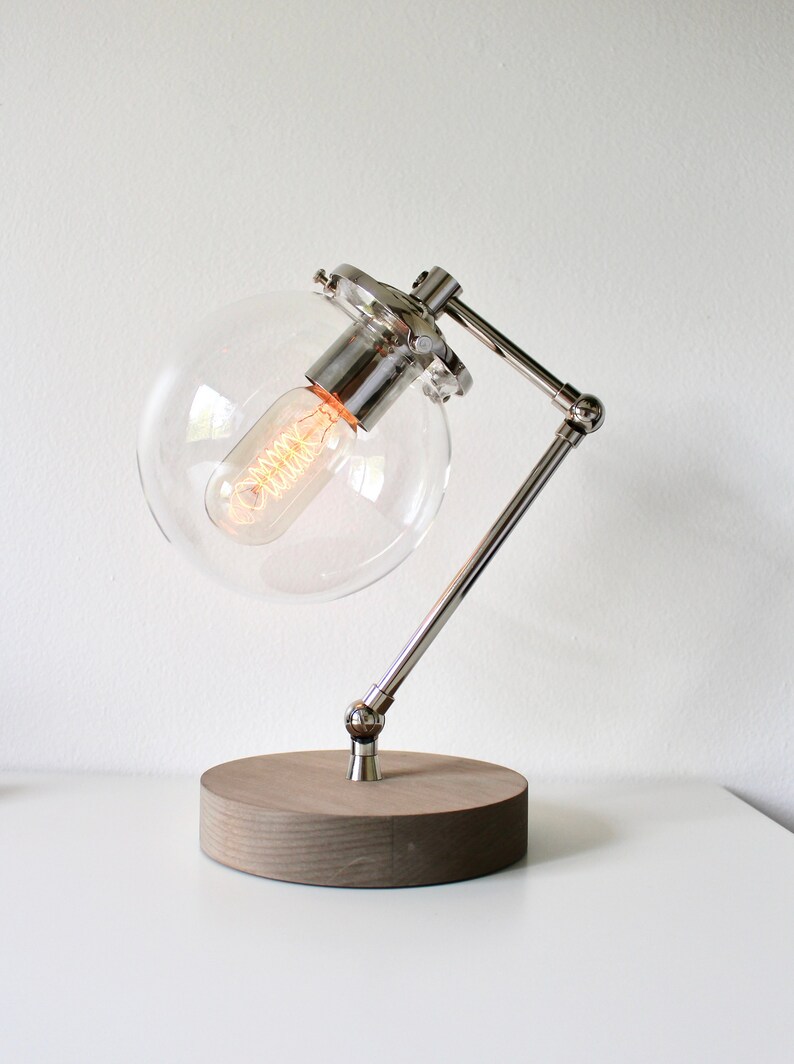 Table Lamp, Bubble Globe Desk Lamp, Nickel With Wood Base, Back To School Dorm Room Decor, Industrial Chrome Office Lighting Fixture image 5