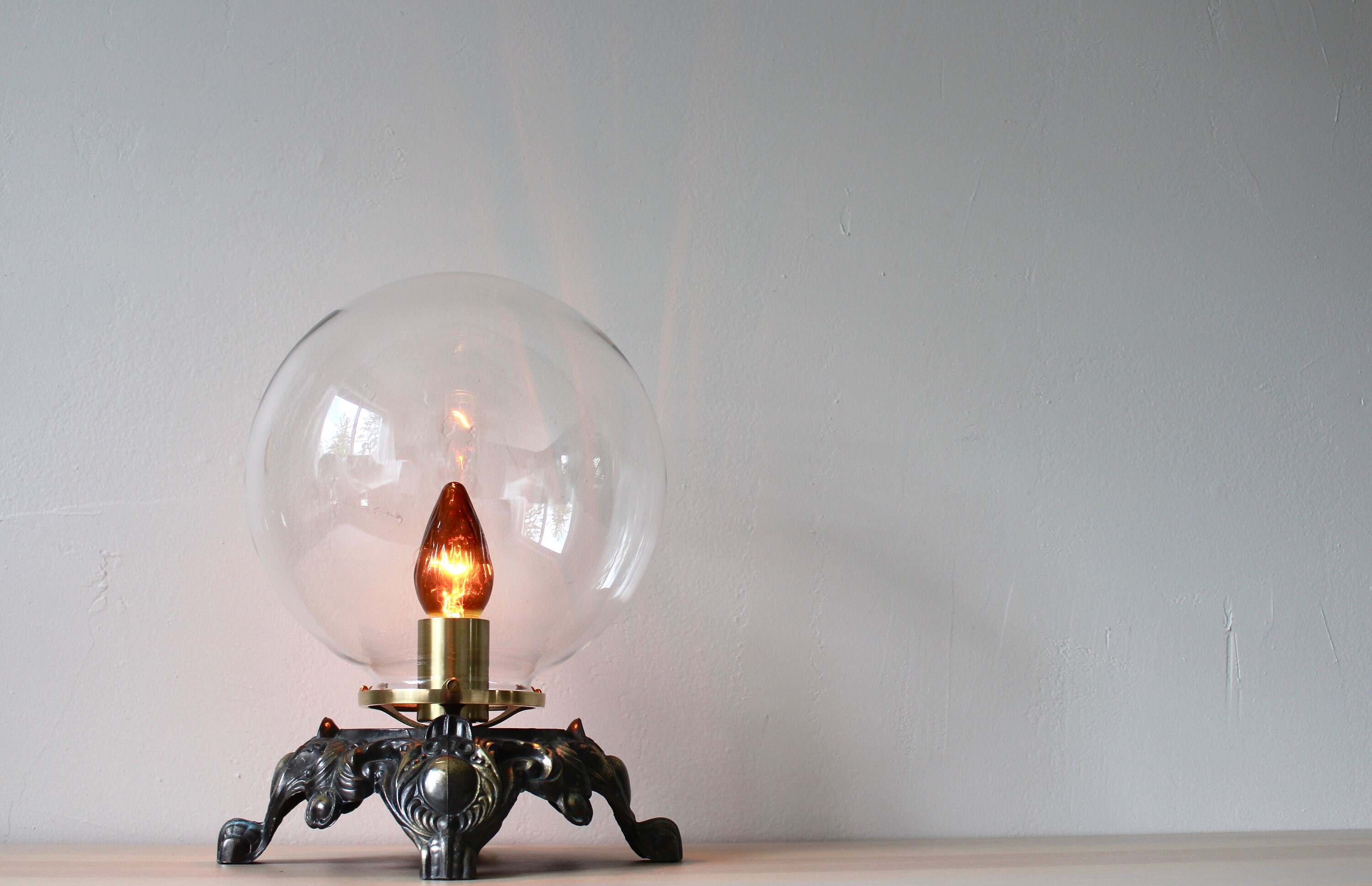 Gothic Crystal Ball Table Lamp Repurposed Vintage Brass Base New