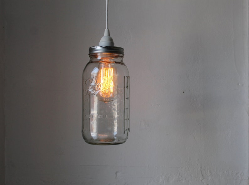 Mason Jar Pendant Lamp, Large Half Gallon Mason Jar Hanging Lighting Fixture, Upcycled Rustic Modern Chic BootsNGus Home Lighting and Decor image 1