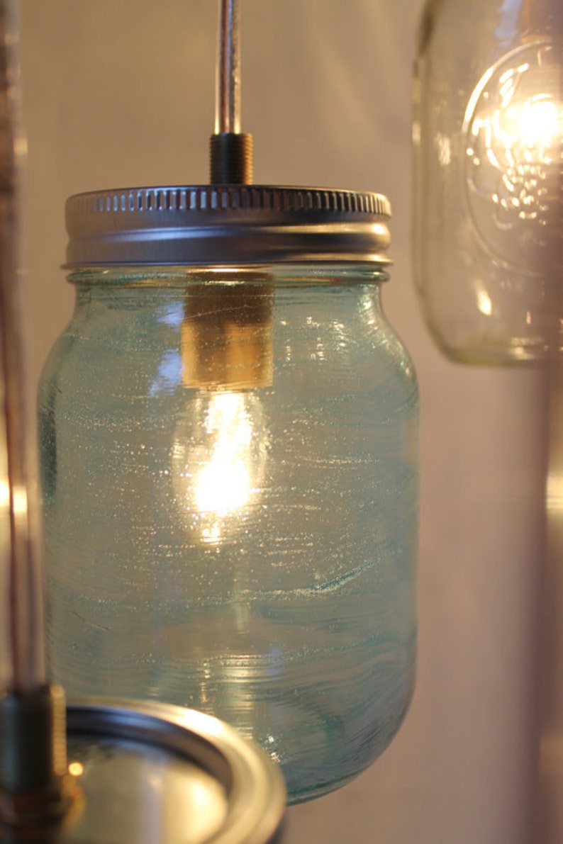 Spiral Mason Jar Chandelier, 8 Clear & Blue Jars, Modern Country Ceiling Mount Hanging Mason Jar Pendants Lighting Fixture, Bulbs Included image 5