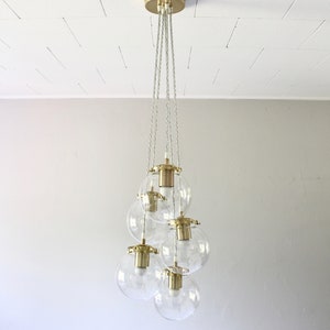 Globe Chandelier Lighting Fixture Five Clear Glass Bubble Clustered Pendant Lights Brass Finish Mid Century Modern Lamps & Home Decor image 3