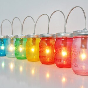 Rainbow Mason Jar Party Lights, String of 8 Mason Jar Lamps, BootsNGus Mason Jar Lighting Fixture in Rainbow Colors, Bulbs Included image 2