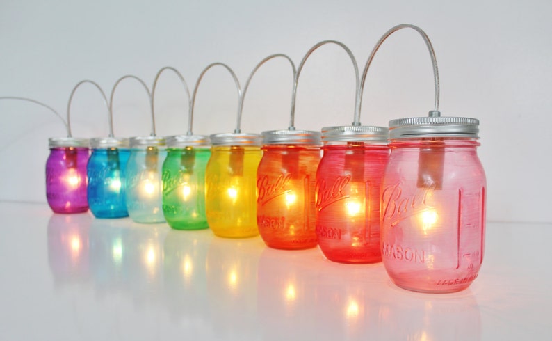 Rainbow Mason Jar Party Lights, String of 8 Mason Jar Lamps, BootsNGus Mason Jar Lighting Fixture in Rainbow Colors, Bulbs Included image 2