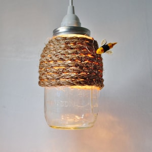 The Hive Mason Jar Pendant Lamp, Hanging Lighting Fixture With A Rope Wrapped Quart Jar, Rustic Handcrafted BootsNGus Lights & Home Decor image 3
