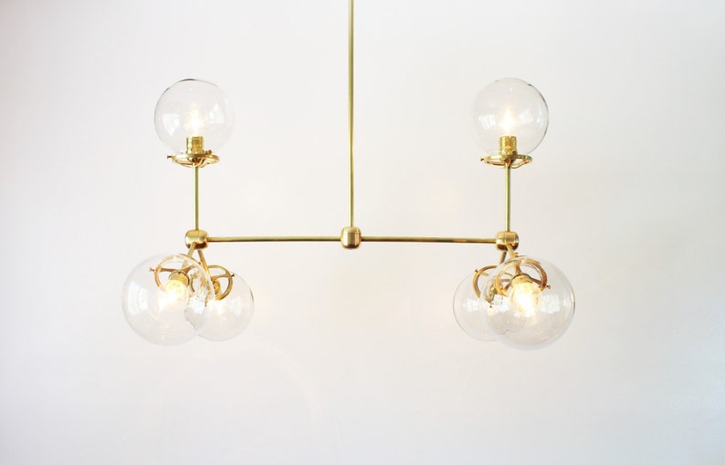 Modern Brass Chandelier 6 Clear Glass Globes Large Hanging Etsy