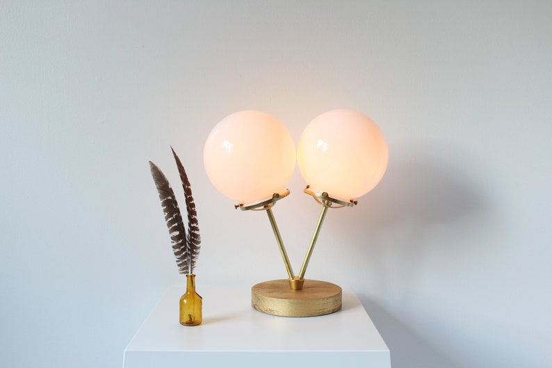 Gold Table Lamp, 2 White Globes, Wood Brass and Glass Desk Lamp, Raw Brass Twin White Glass Globes, BootsNGus Lighting and Home Decor image 3