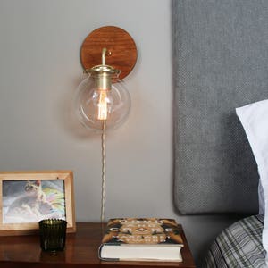 Wall Sconce Lamp, Bubble Globe Sconce Light, Brass and Wood Industrial Modern Lighting Fixture, Clear Glass Shade, Wire-In Or Plug-In image 3