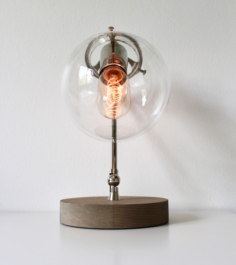 Table Lamp, Bubble Globe Desk Lamp, Nickel With Wood Base, Back To School Dorm Room Decor, Industrial Chrome Office Lighting Fixture image 4