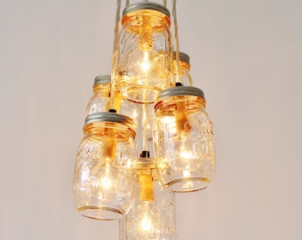 Mason Jar Cluster Chandelier, 6 Clear Mason Jars, Hanging Pendant Lamp Fixture, BootsNGus Rustic Lighting and Home Decor