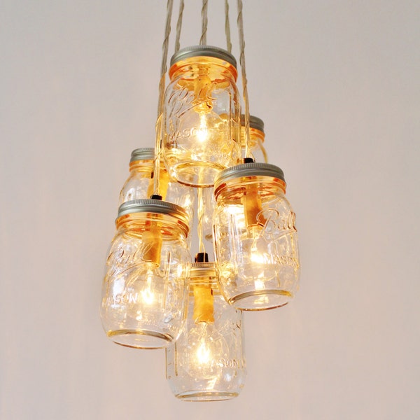 Mason Jar Cluster Chandelier, 6 Clear Mason Jars, Hanging Pendant Lamp Fixture, BootsNGus Rustic Lighting and Home Decor