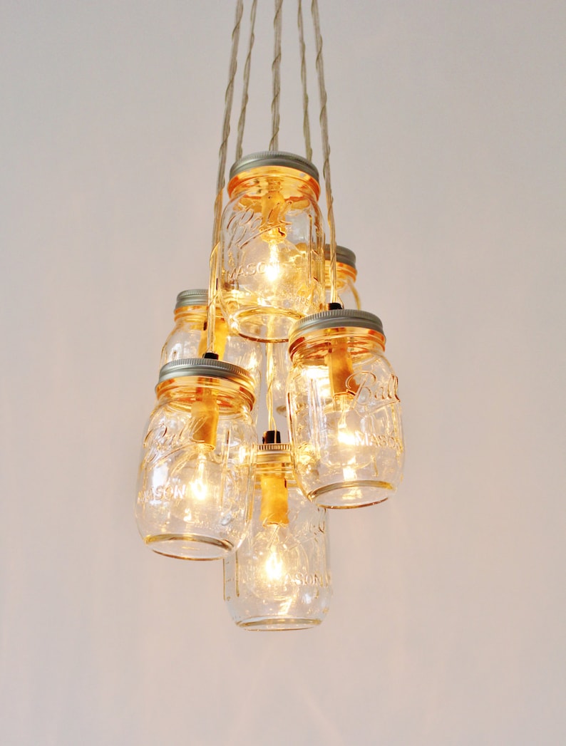 Mason Jar Cluster Chandelier, 6 Clear Mason Jars, Hanging Pendant Lamp Fixture, BootsNGus Rustic Lighting and Home Decor image 1