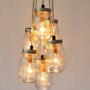 Mason Jar Cluster Chandelier, 6 Clear Mason Jars, Hanging Pendant Lamp Fixture, BootsNGus Rustic Lighting and Home Decor image 5