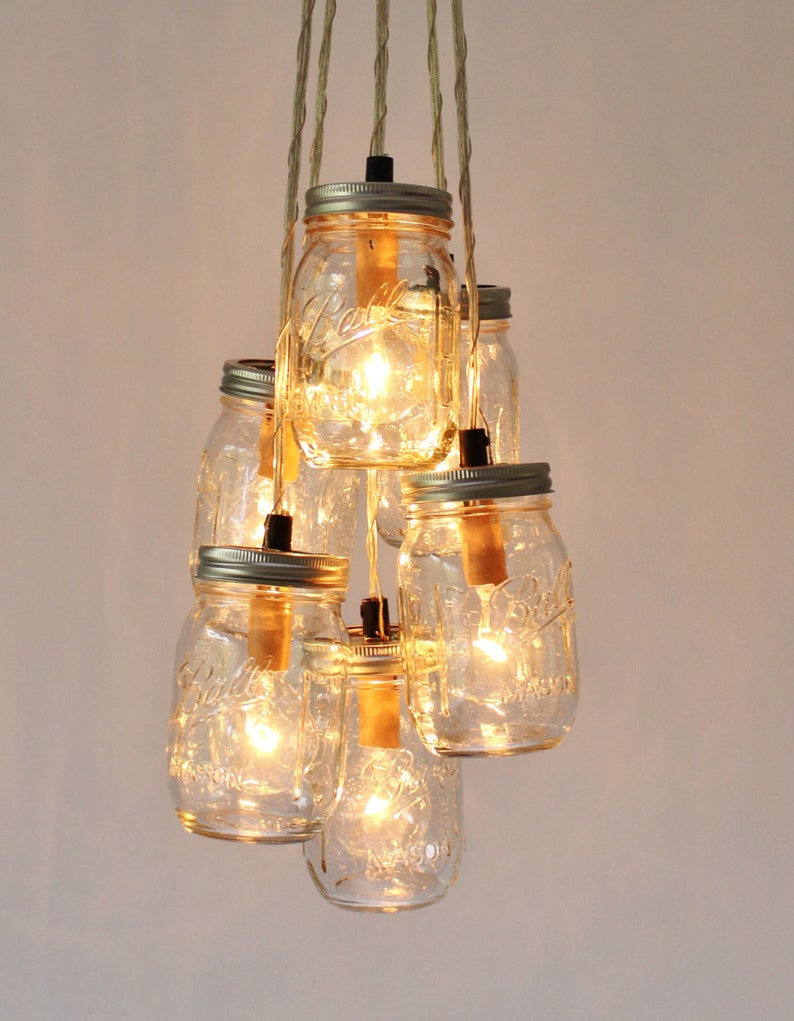 Mason Jar Cluster Chandelier, 6 Clear Mason Jars, Hanging Pendant Lamp Fixture, BootsNGus Rustic Lighting and Home Decor image 5