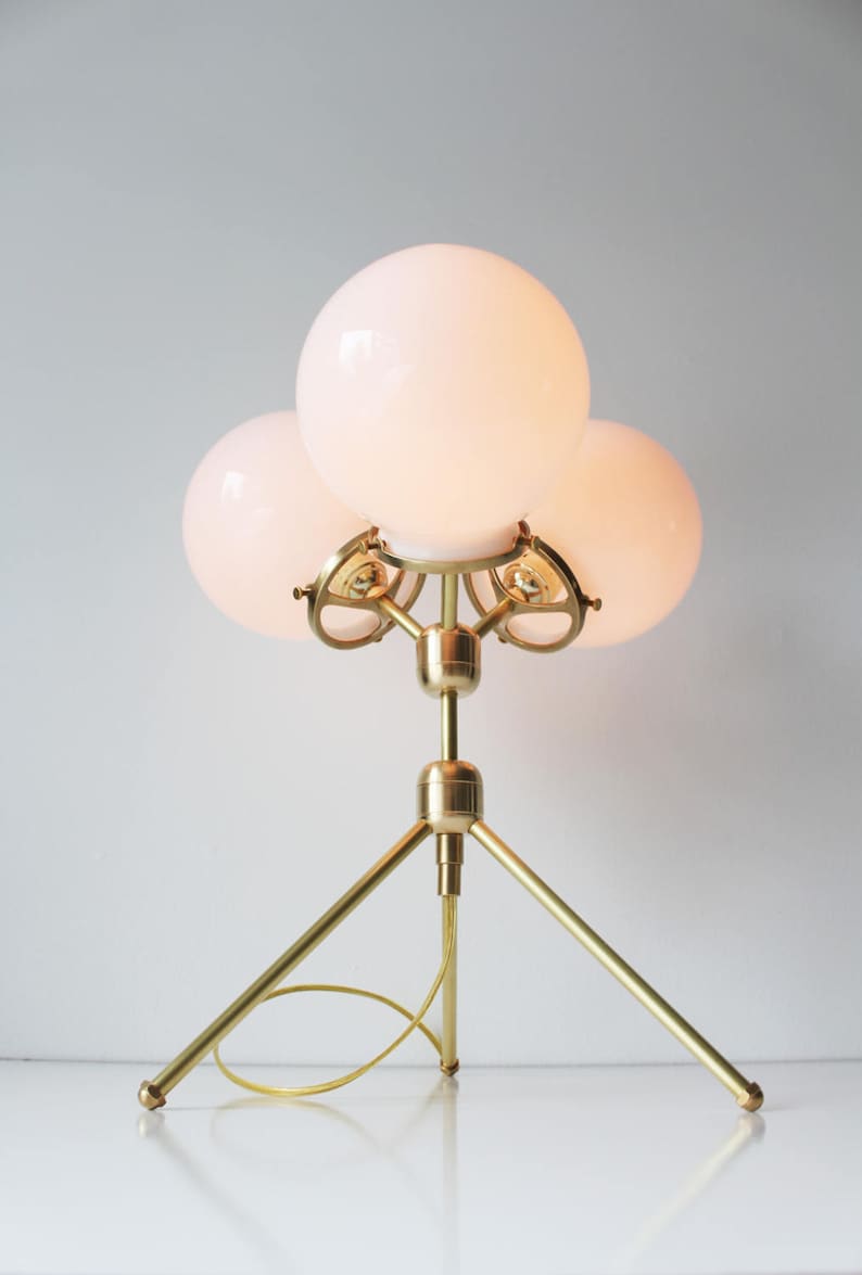 Brass Table Lamp, Tripod Desk Lamp, 3 White Glass Globe Shades, Modern BootsNGus Designer Lighting & Home Decor image 3