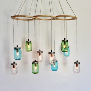 Mason Jar Chandelier, Kitchen Island Dining Table Pendant Lights, Large Hanging Lighting Fixture, Clear Blue & Green Jars, Bulbs Included