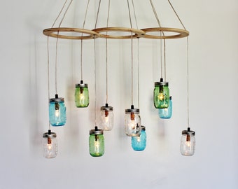 Mason Jar Chandelier, Küche Insel Esstisch Pendelleuchten, große Hängelampe, klare blaue & grüne Gläser, Glühbirnen inklusive