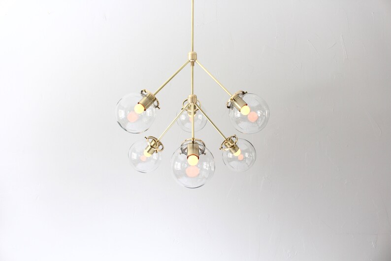 Sputnik Chandelier, Brass Pendant Lighting Fixture, 6 Clear Glass Bubble Globes, 6 Arms Mid Century Modern Kitchen Dining Room Chandelier image 1