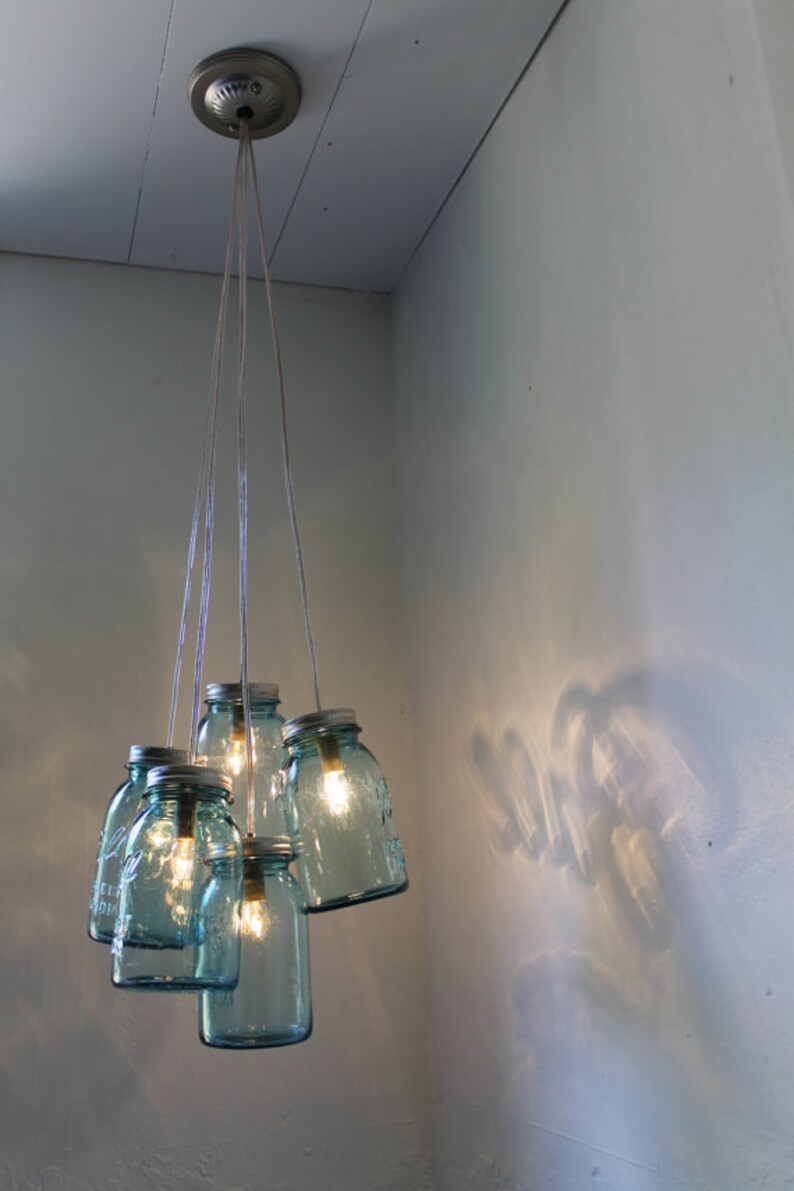 6 Clustered Clear and Antique Aqua Blue Jars Mason Jar Chandelier Handcrafted Rustic Hanging Lighting Fixture BootsNGus Lights /& Decor