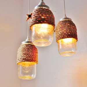 The Hive Mason Jar Pendant Lights, Set Of 3 Hanging Lighting Fixtures With Rope Wrapped Jars, Rustic BootsNGus Lamps & Decor, Bulbs Included image 3