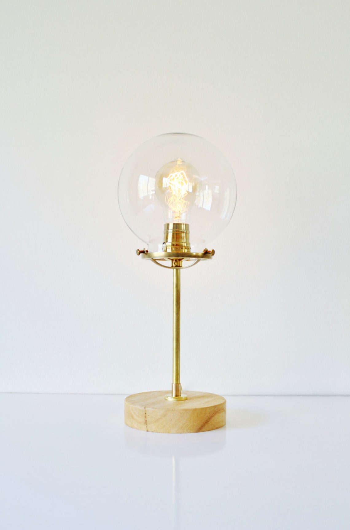 Globe Table Lamp Industrial Brass and Wood Desk Lamp Round Etsy