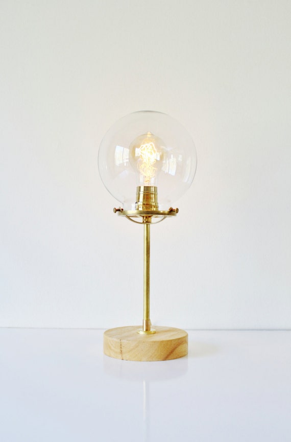 Globe Table Lamp Industrial Brass And, Industrial 6 W Table Lamp With Globe Glass Shade And Wooden Base