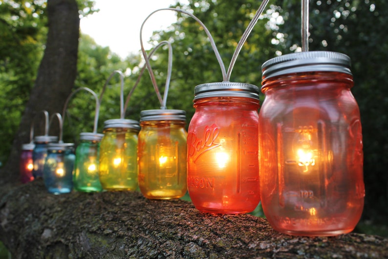 Rainbow Mason Jar Party Lights, String of 8 Mason Jar Lamps, BootsNGus Mason Jar Lighting Fixture in Rainbow Colors, Bulbs Included image 3