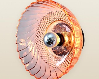 Pink Glass Flush Mount Wall Sconce Lamp, Upcycled Vintage KIG Indonesia Bowl Shade, Bulb Included