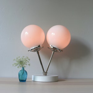 Siamese Twin Table Lamp, Industrial Desk Lamp, Polished Nickel, 2 Frosted White or Clear Glass Bubble Globes, Modern Lighting and Home Decor image 7