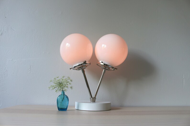 Siamese Twin Table Lamp, Industrial Desk Lamp, Polished Nickel, 2 Frosted White or Clear Glass Bubble Globes, Modern Lighting and Home Decor image 7