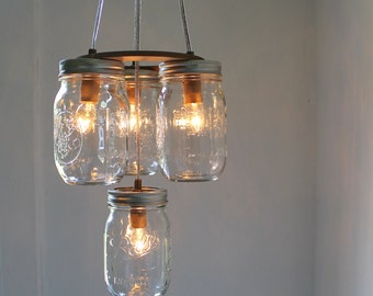 Mason Jar Chandelier - Mason Jar Light - 2 Tier - Modern Industiral Swag - Handcrafted Upcycled BootsNGus Hanging Pendant Lighting Fixture