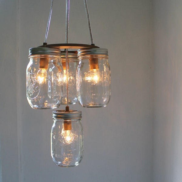 Mason Jar Chandelier - Mason Jar Light - 2 Tier - Modern Industiral Swag - Handcrafted Upcycled BootsNGus Hanging Pendant Lighting Fixture