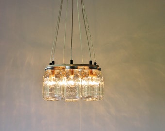 Mason Jar Chandelier, Hanging Mason Jar Pendant Lighting Fixture, Ring With 7 Clear Quart Jars, Bulbs Included, Free Shipping