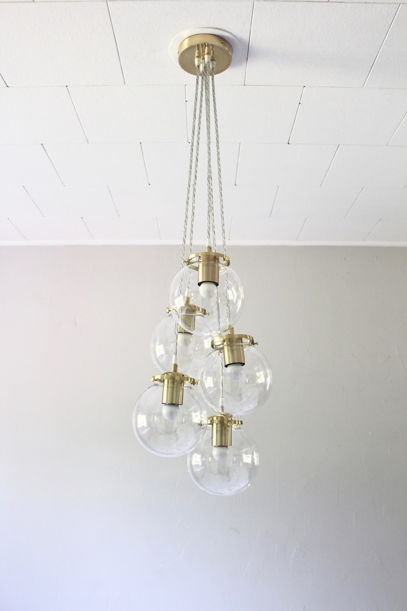 Globe Chandelier Lighting Fixture Five Clear Glass Bubble Clustered Pendant Lights Brass Finish Mid Century Modern Lamps & Home Decor image 7