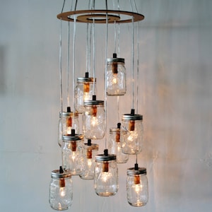 Mason Jar Chandelier, Rustic Hanging Pendant Lighting Fixture, 11 Clear Jars Cluster, Modern BootsNGus Lighting & Home Decor, Bulbs Included image 2