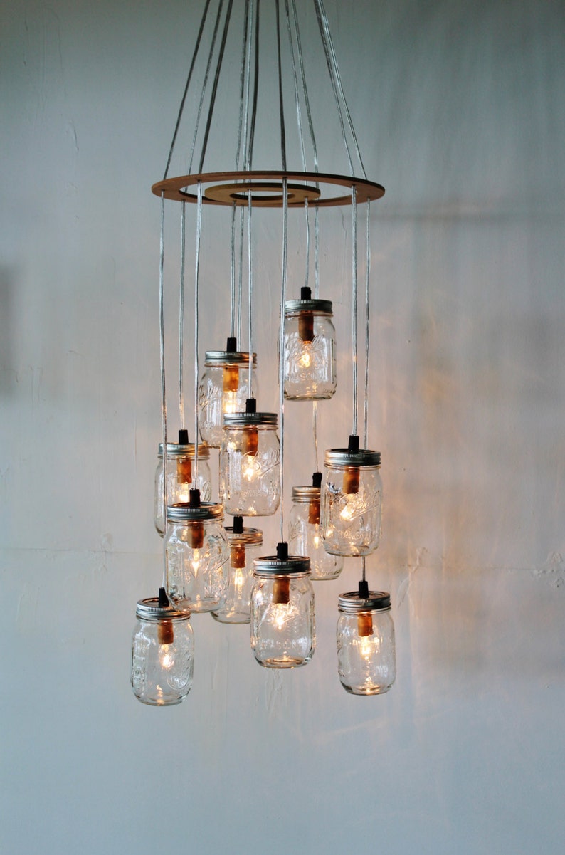 Mason Jar Chandelier, Rustic Hanging Pendant Lighting Fixture, 11 Clear Jars Cluster, Modern BootsNGus Lighting & Home Decor, Bulbs Included image 2