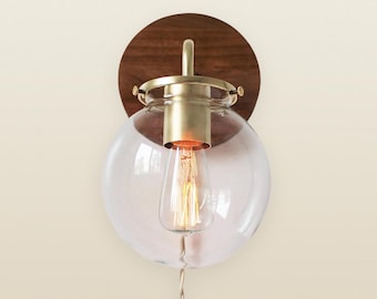 Wall Sconce Lamp, Bubble Globe Sconce Light, Brass and Wood Industrial Modern Lighting Fixture, Clear Glass Shade, Wire-In Or Plug-In