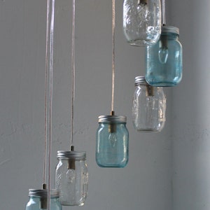 Spiral Mason Jar Chandelier, 8 Clear & Blue Jars, Modern Country Ceiling Mount Hanging Mason Jar Pendants Lighting Fixture, Bulbs Included image 4