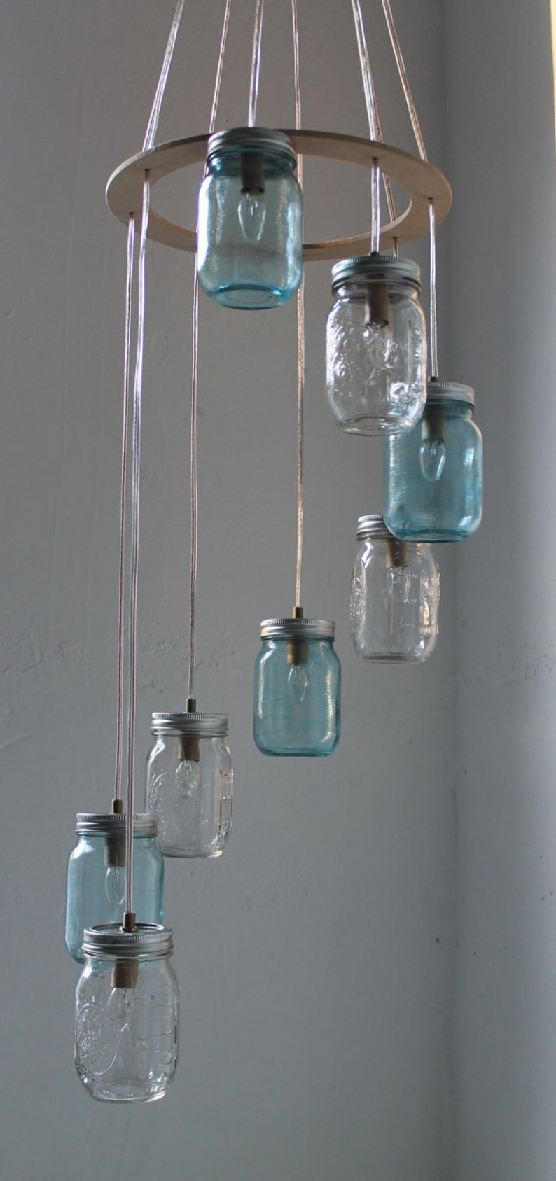 Spiral Mason Jar Chandelier, 8 Clear & Blue Jars, Modern Country Ceiling Mount Hanging Mason Jar Pendants Lighting Fixture, Bulbs Included image 4