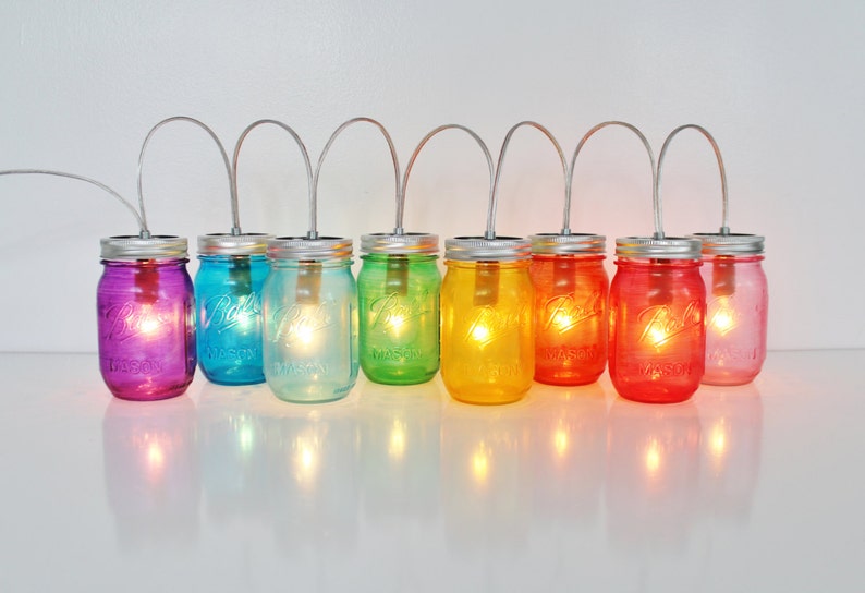 Rainbow Mason Jar Party Lights, String of 8 Mason Jar Lamps, BootsNGus Mason Jar Lighting Fixture in Rainbow Colors, Bulbs Included image 4