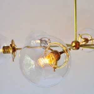 Sputnik Chandelier, Brass Finish, 6 Clear Bubble Glass Globes, Large Modern Hanging Pendant Ceiling Mount Lighting Fixture image 3