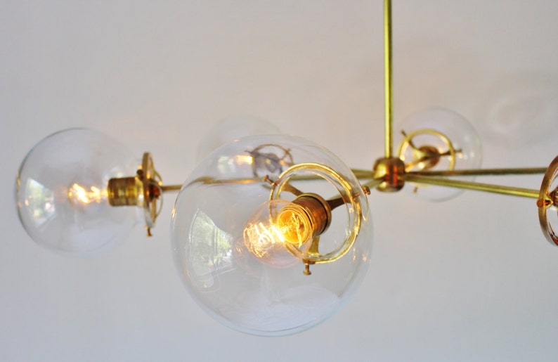 Sputnik Chandelier, Brass Finish, 6 Clear Bubble Glass Globes, Large Modern Hanging Pendant Ceiling Mount Lighting Fixture image 3