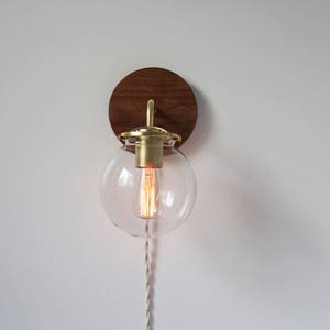 Wall Sconce Lamp, Bubble Globe Sconce Light, Brass and Wood Industrial Modern Lighting Fixture, Clear Glass Shade, Wire-In Or Plug-In image 9