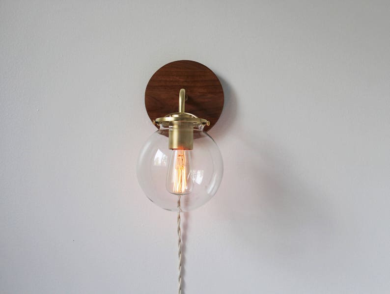 Wall Sconce Lamp, Bubble Globe Sconce Light, Brass and Wood Industrial Modern Lighting Fixture, Clear Glass Shade, Wire-In Or Plug-In image 9